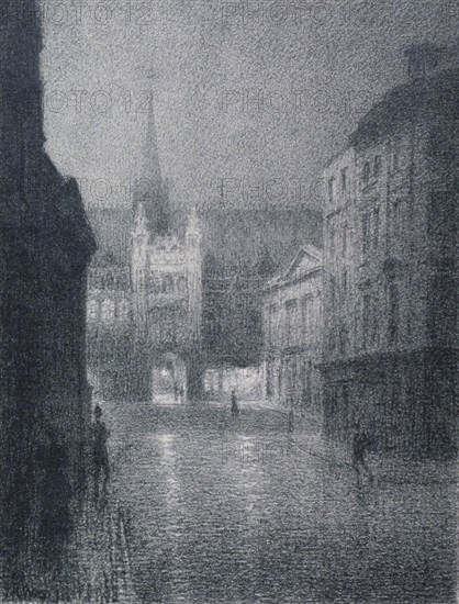 Nocturnal view of the Guildhall from the corner of Gresham Street, City of London, 1900. Artist: Thomas Robert Way