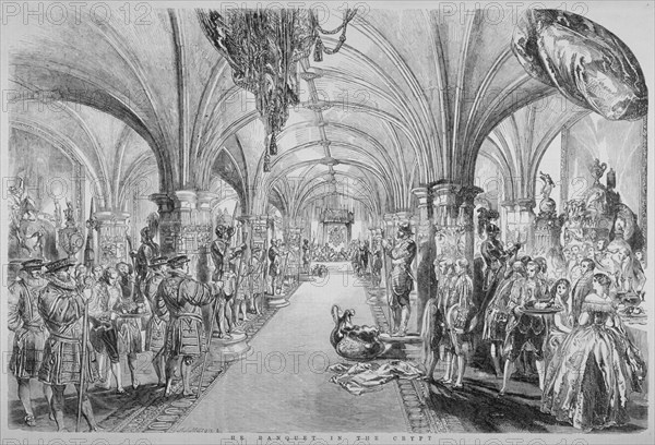 The Guildhall Crypt on the occasion of a state visit by Queen Victoria, City of London, 1851. Artist: John Abraham Mason