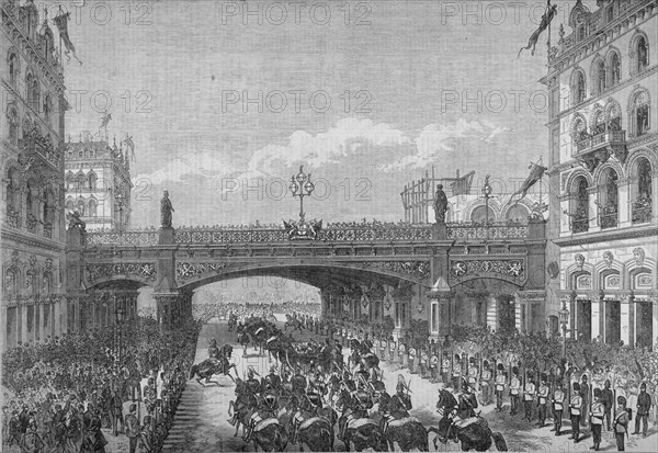 A procession in Farringdon Street passing under Holborn Viaduct, City of London, 1869. Artist: Anon