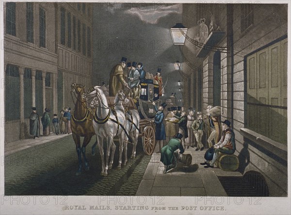 Mail coach outside the General Post Office, Lombard Street, City of London, 1827. Artist: Charles Hunt