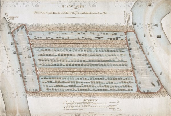 Plan of proposed docks at the Isle of Dogs, now the site of West India Docks, London, 1820. Artist: Anon