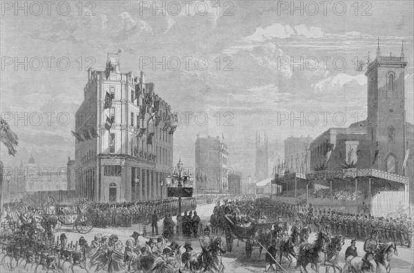 Queen Victoria in Holborn Circus on her way to the opening of Holborn Viaduct, London, 1869. Artist: Anon