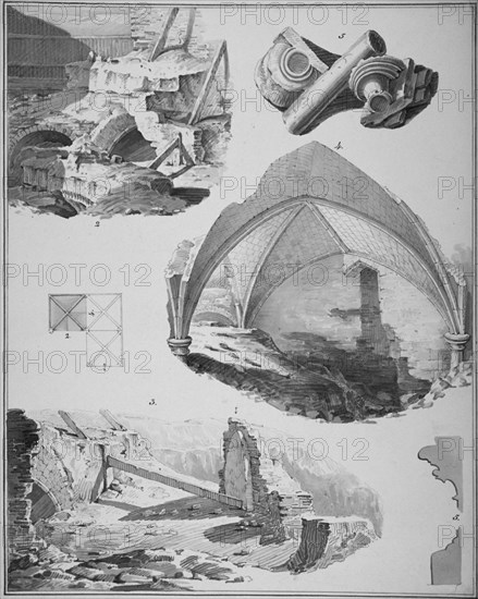 Vignettes of the remains of the Church of St Martin's le Grand, City of London, 1819. Artist: Robert Blemmell Schnebbelie