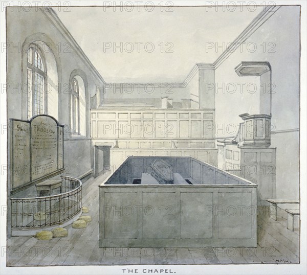 Interior view of the chapel in Newgate Prison, Old Bailey, City of London, 1840. Artist: Frederick Nash