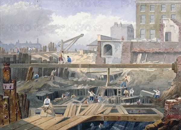 View of the foundations being dug for the first arch of London Bridge, 1825. Artist: Anon