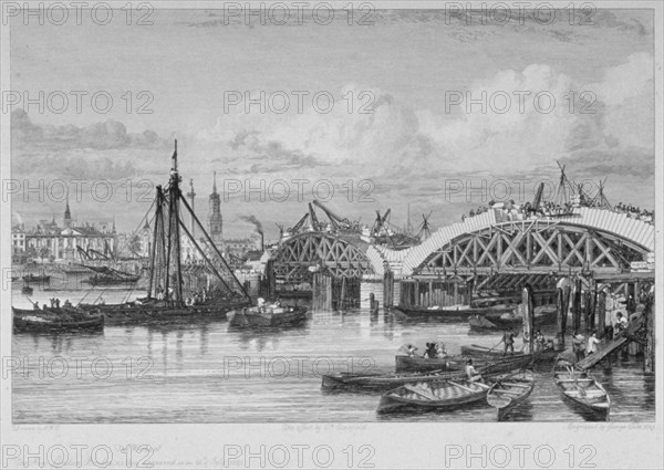 London Bridge under construction, 1827. Artist: George Cooke