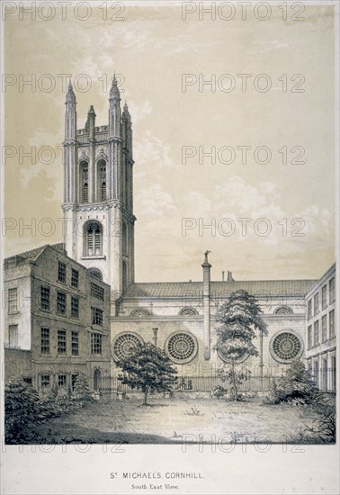 South-east view of the Church of St Michael, Cornhill, City of London, 1840. Artist: EJ Dickinson