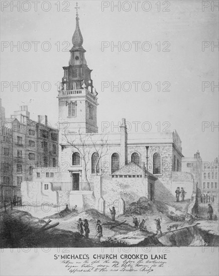 South-east view of the Church of St Michael, Crooked Lane, City of London, 1831. Artist: Anon