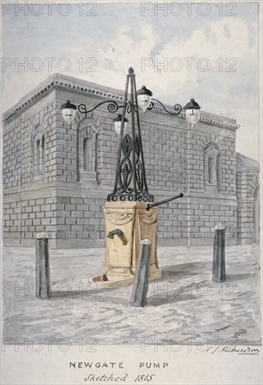 Newgate Pump, Old Bailey with Newgate Prison in the background, City of London, 1815. Artist: Charles James Richardson