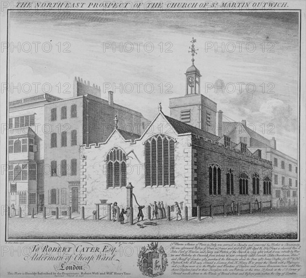 North-east view of the Church of St Martin Outwich, Threadneedle Street, City of London, 1736. Artist: William Henry Toms