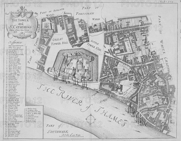 Map of the area around the Tower of London and St Katharine by the Tower, Stepney, London, 1720. Artist: Anon