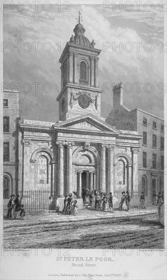 Church of St Peter-le-Poer with the congregation entering, City of London, 1839. Artist: John Le Keux