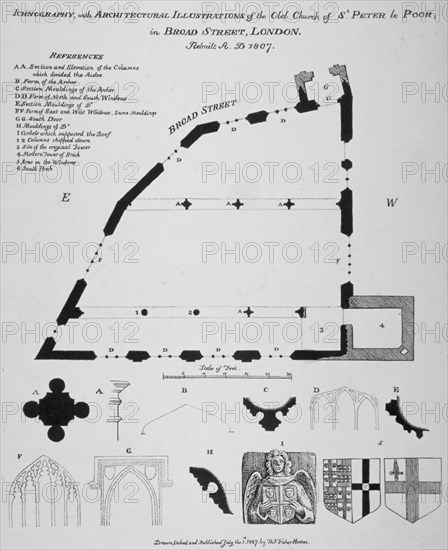 Iconography, architectural details and sections of the Church of St Peter-le-Poer, London, 1807. Artist: Thomas Fisher