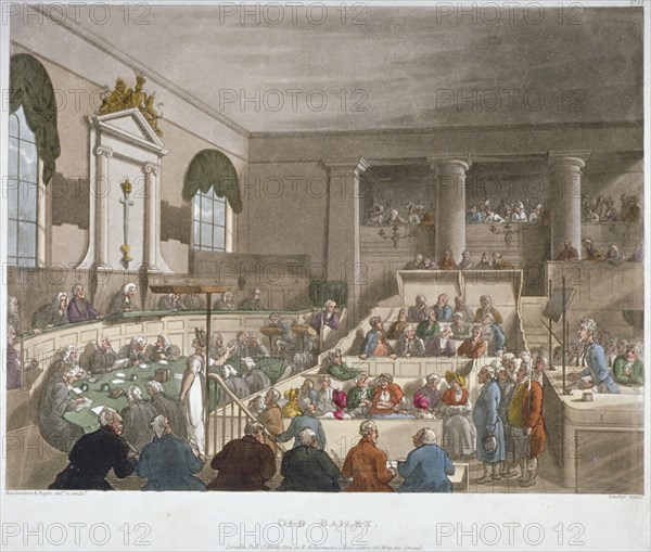 Interior view of the Sessions House, Old Bailey, with a court in session, City of London, 1809. Artist: Augustus Charles Pugin