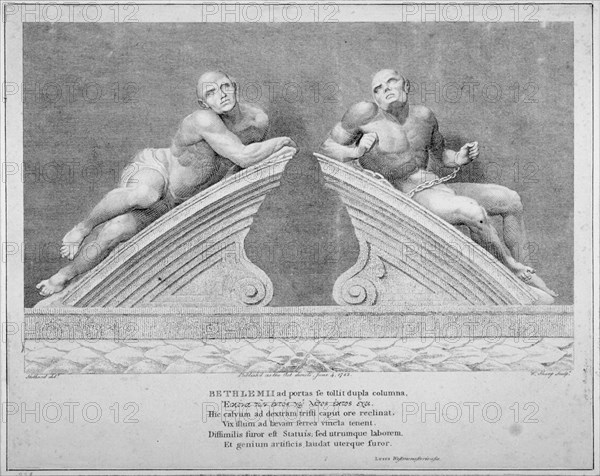 Sculptures outside the entrance to Old Bethlehem Hospital, Moorfields, City of London, 1783. Artist: William Sharp