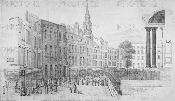 North side of St Paul's Churchyard, with the end of Cheapside, City of London, 1822. Artist: Thomas Horner