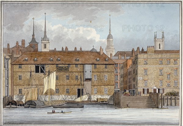 Queenhithe flour wharf, City of London, 1801. Artist: Charles Tomkins