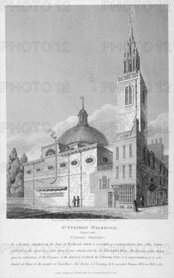 North-west view of the Church of St Stephen Walbrook, City of London, 1813. Artist: Joseph Skelton