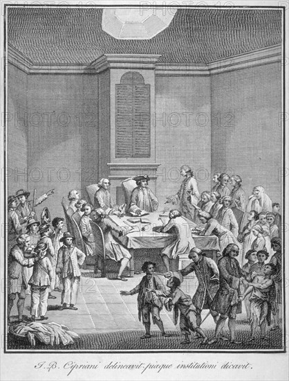 Interior view of the Marine Society's office over the Royal Exchange, City of London, 1758. Artist: Anon