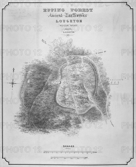 Map of the ancient earthworks at Loughton Camp made around AD 52 in Epping Forest, Essex, 1876. Artist: William d'Oyley