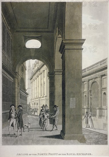 Arcade on the north front of the Royal Exchange, City of London, 1797. Artist: Anon