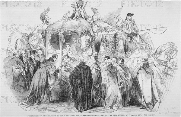 Procession of Queen Victoria to open the Royal Exchange, City of London, 1844. Artist: Anon