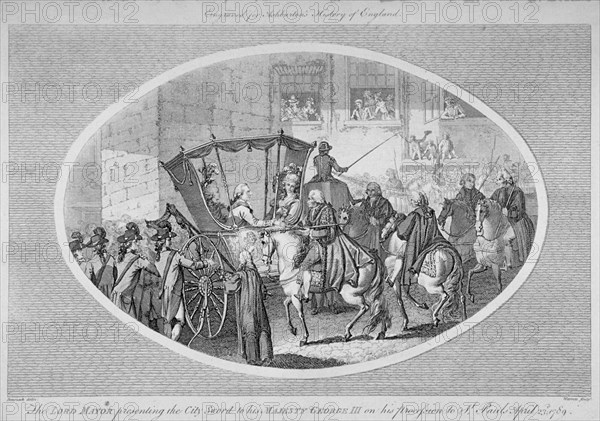The Lord Mayor presenting the City Sword to King George III at Temple Bar, London, 1789 (1791). Artist: AW Warren