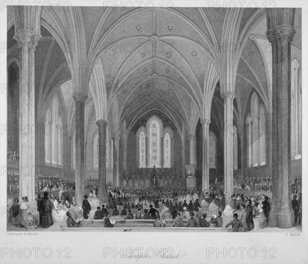 Interior of Temple Church during a service, City of London, 1860. Artist: Harden Sidney Melville