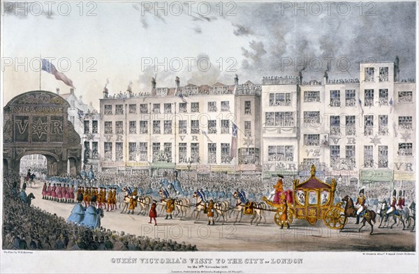 View of Temple Bar during Queen Victoria's visit to the City of London in 1837. Artist: Smart, W