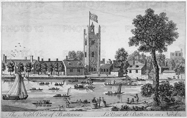 North view of St Mary's Church, Battersea from across the Thames, London, 1760. Artist: Anon