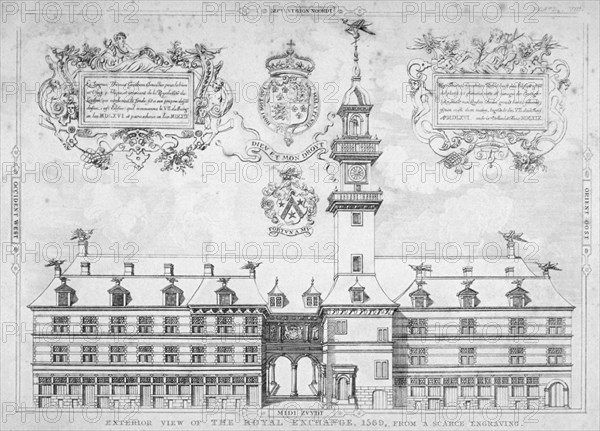 View of the Royal Exchange with coats of arms above, City of London, 1569. Artist: Anon