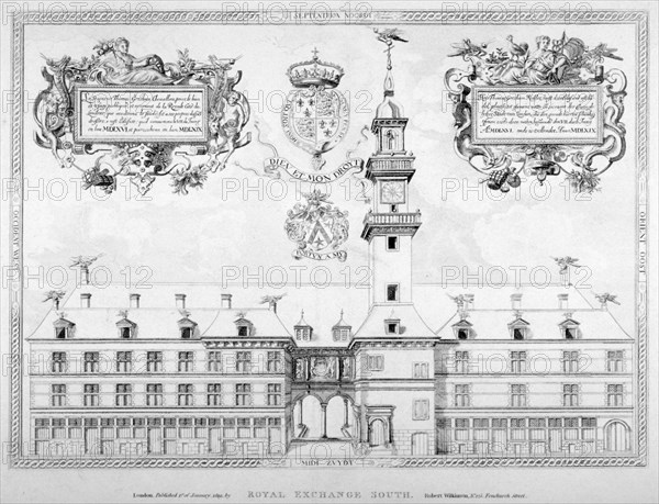 South view of the first Royal Exchange with coats of arms above, City of London, 1819. Artist: Anon