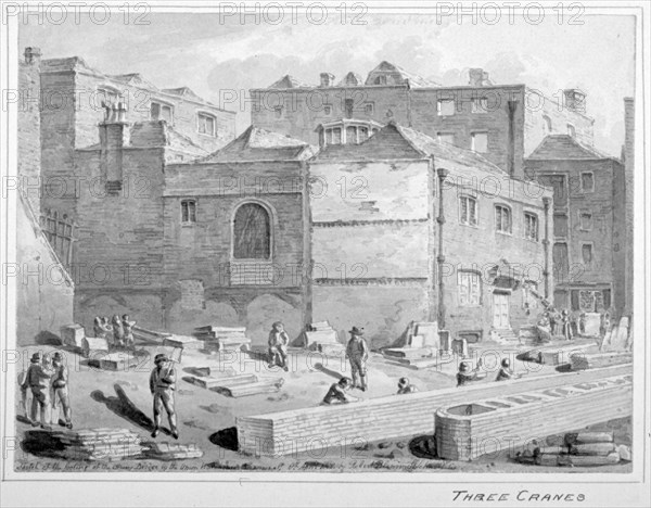 Footing for Southwark Bridge by the Union Warehouse, Upper Thames Street, City of London, 1818.