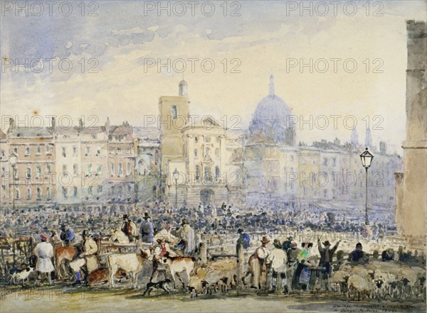 View of Smithfield Market with figures and animals, City of London, 1824. Artist: George Sidney Shepherd