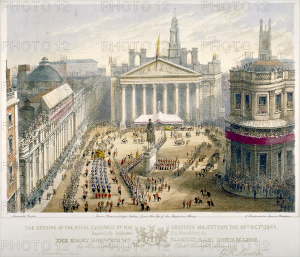 Opening of the Royal Exchange, City of London, 1844. Artist: Newcombe