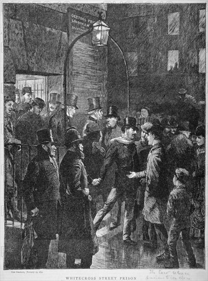 Scene at Whitecross Street Prison showing a release of prisoners, London, 1870. Artist: Anon