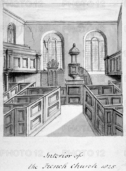 Interior view of the French Protestant Church, Threadneedle Street, City of London, 1825. Artist: Anon
