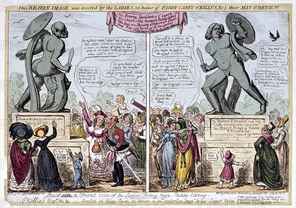 Women admiring the statue of Achilles, Hyde Park, London, 1822. Creator: George Cruikshank.