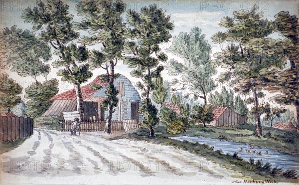 View of farm buildings near a stream in Hackney Wick, London, c1795. Artist: Henry Vaughan