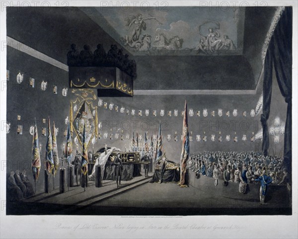 Lord Nelson lying in state in the painted chamber at Greenwich Hospital, London, 1806. Artist: M Merigot