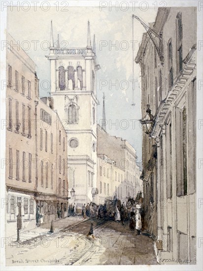 View of All Hallows Church, buildings and figures on Bread Street, City of London, 1851. Artist: Thomas Colman Dibdin