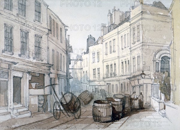 Bread Street Hill and St Nicholas Olave Churchyard, City of London, c1850. Artist: Thomas Colman Dibdin