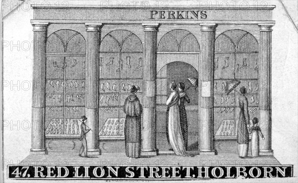 Shop front of Perkins ladies' shoe shop at 47 Red Lion Street, Holborn, London, c1820. Artist: Anon