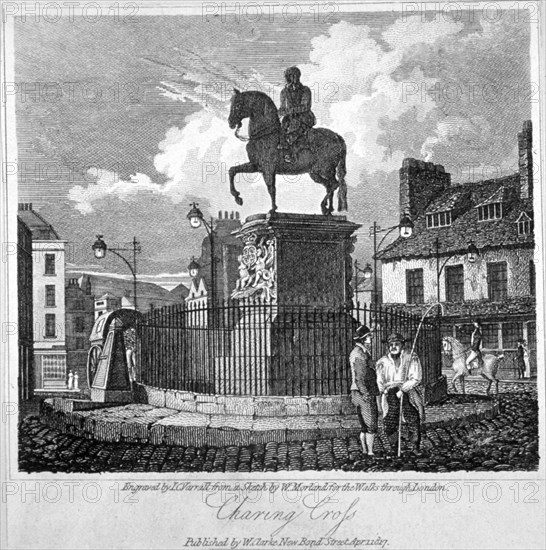 View of Charing Cross, showing the statue of King Charles I, Westminster, London, 1817. Artist: JC Varrall