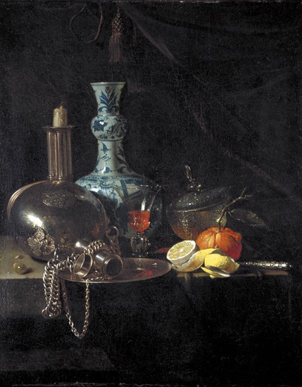 'Still life with a pilgrim flask, candlestick, porcelain vase and fruit', 17th century. Artist: Willem Kalf