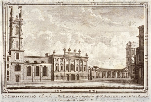 Bank of England, St Christopher-le-Stocks and St Bartholomew-by-the-Exchange, London, c1775. Artist: Adam Smith