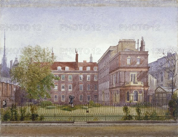 View of Clement's Inn from the north west looking across the gardens, London, 1882. Artist: John Crowther