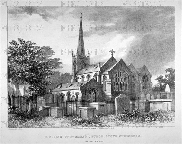 South-east view of St Mary's Church, Stoke Newington, London, 1842. Artist: JR Jobbins