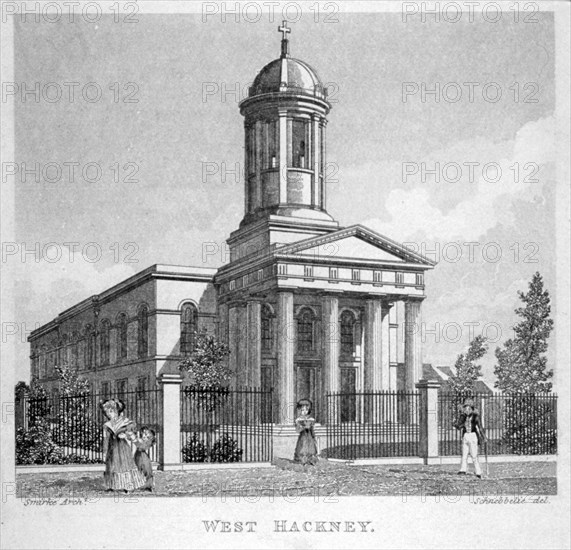 West Hackney Church on the east side of Stoke Newington Road, London, c1825. Artist: Anon