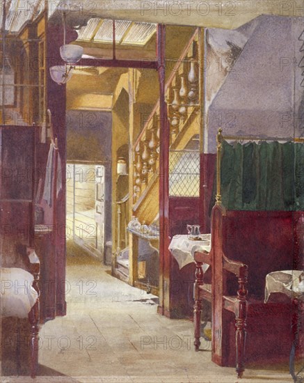 Interior view showing the staircase at the Cock Tavern, Fleet Street, City of London, 1881. Artist: John Crowther